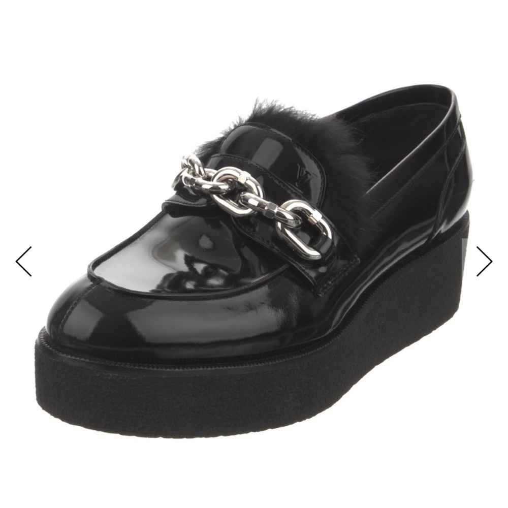 Louis Vuitton Black Patent Leather Chain-Trim Fur Loafers
